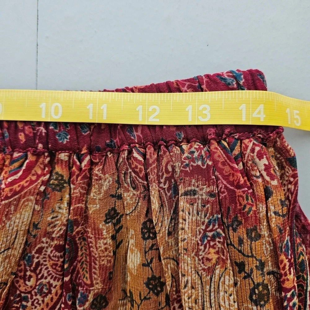 VTG Crinkle Rayon Midi Skirt Medium Red Paisley Boho Flowy Witchy Forest Fairy